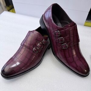 NIB Mens Burgundy Crocodile Embossed Leather Double Monk Strap Dress Shoes 10.5
